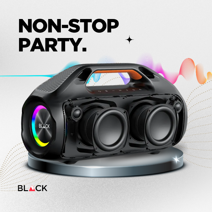 BLACK BassBlast Wireless Bluetooth Speaker, 100W, EX BASS, Up to 9H Playtime, 1 Yr Warranty BLACK BassBlast Wireless Bluetooth Speaker, 100W, EX BASS, Up to 9H Playtime, 1 Yr Warranty